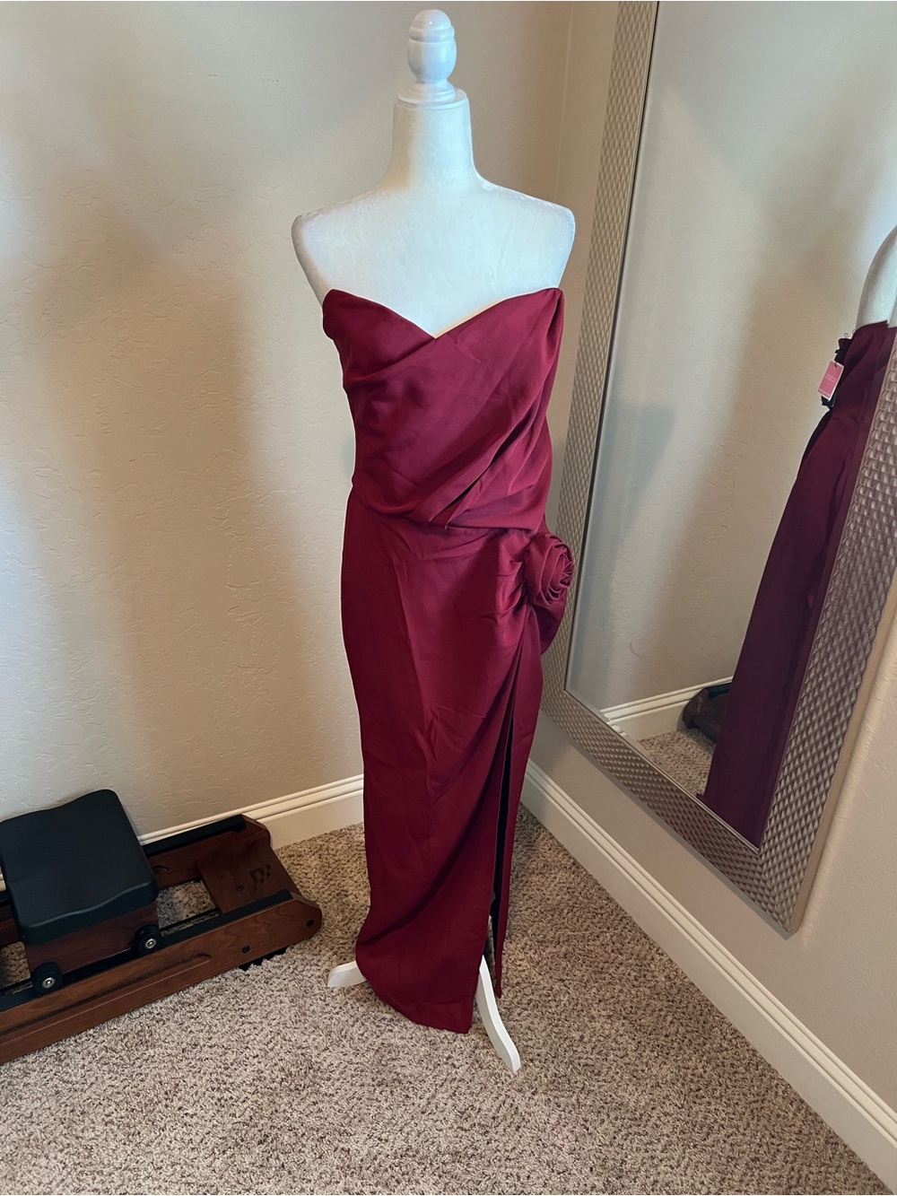 Strapless Rose Detail Burgundy Evening Dress